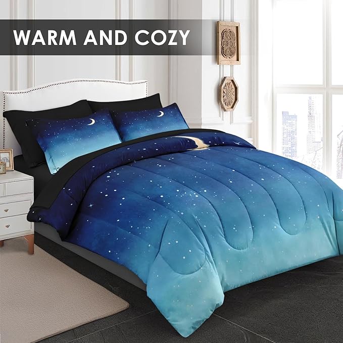 Comforter Set King Size, Blue Starry Sky 7 Pcs Bedding for Kids and Adults, Landscape Night Moon Bed Sheet Sets with Fitted Sheet 2 Pillowcases & 2 Shams for Bedroom Bed Decor