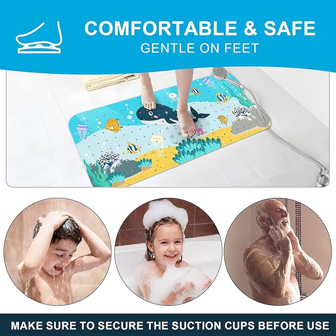 XIYUNTE Baby Bath Mat for Tub Non Slip Kids Bath Mat - 40''x16'' Extra Long Cartoon Bathtub Mat Non Slip Kids Shower Mat Eco-Friendly Toddler Bath Mats with Suction Cups, Machine Washable