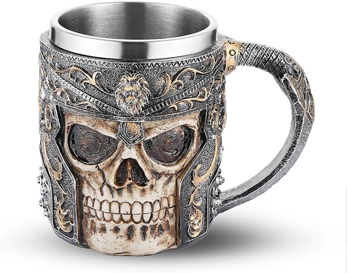 AsAlways Stainless Steel Skull Beer Mug Gothic Beer Stein Novelty Wine Coffee Drinking Cup Halloween Renaissance Accessory Gift 400ML/13.5OZ