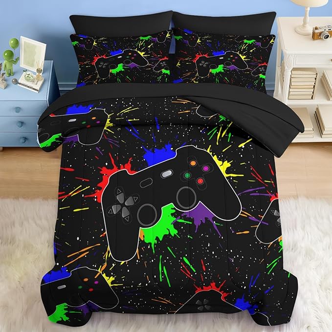 Comforter Set Twin Size, Gamepad Computer Game 5 Pcs Bedding for Kids and Adults, Play Video Gaming Bed Sheet Sets with Fitted Sheet Pillowcase & Sham for Bedroom Bed Decor