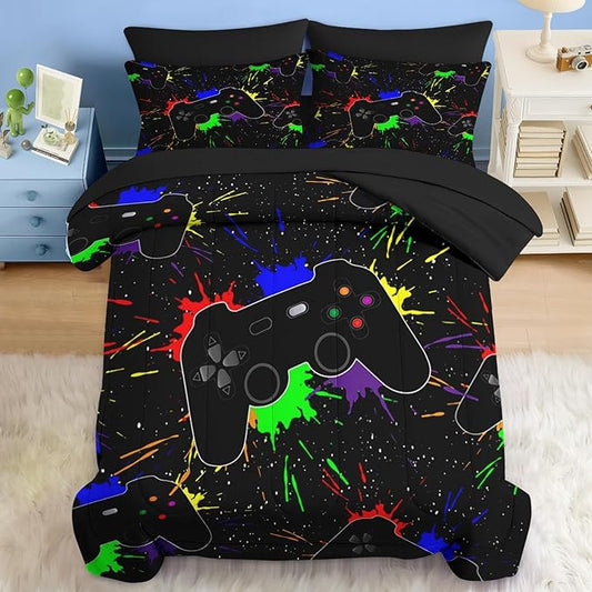 Comforter Set Twin Size, Gamepad Computer Game 5 Pcs Bedding for Kids and Adults, Play Video Gaming Bed Sheet Sets with Fitted Sheet Pillowcase & Sham for Bedroom Bed Decor