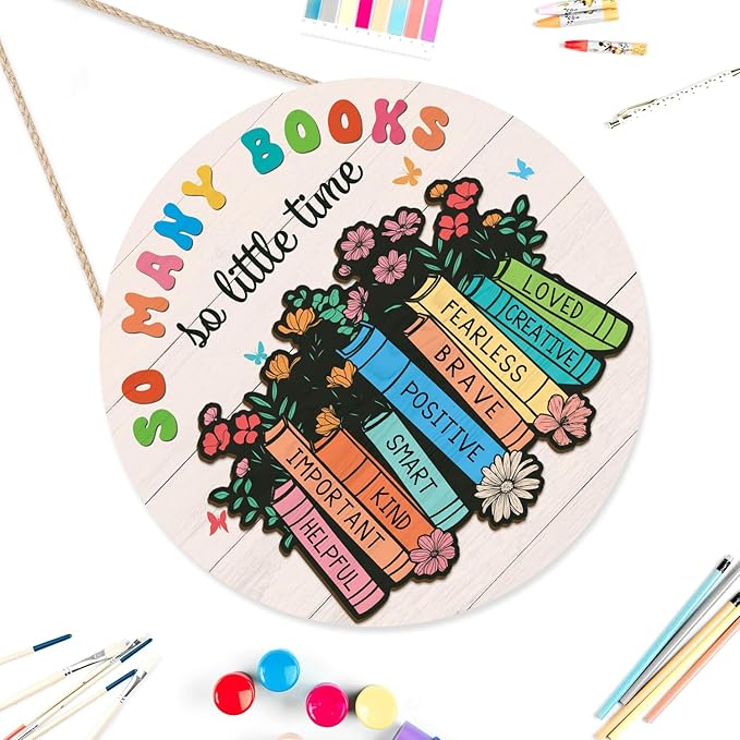 CHDITB Reading Book Wooden Hanging Sign, Colorful Inspiration Saying Books Wooden Plaque, Library Wood Sign for Bookish, So Many Books So Little Time Wall Hanging for Read Corn Classroom Decor