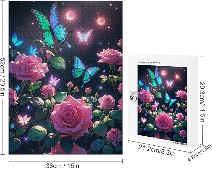 Wooden Puzzles 500 Piece，Butterfly and Rose Themed Jigsaw Puzzles，Family Puzzles，Unique Gifts for Wall Art，Funny Puzzles，Stress Relief Games，Puzzle Games