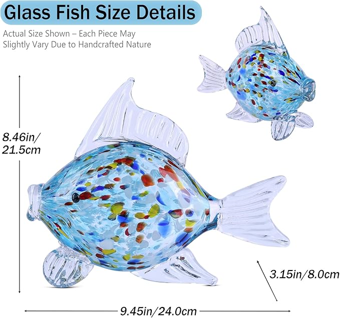 Large Glass Fish Figurine for Home Decor, Hand Blown Art Glass Ocean Animal Statue, Decorative Coastal and Beach Themed Sculpture for Table, Shelf, Bathroom, Living Room or Office