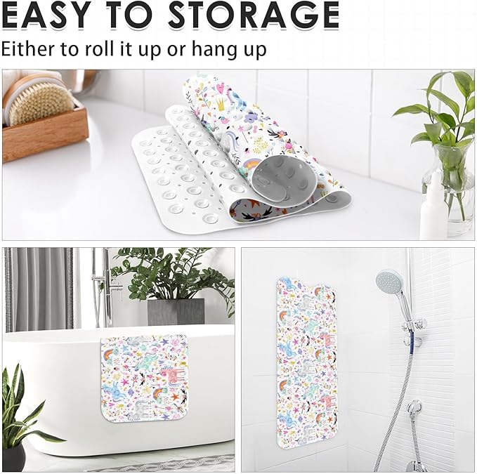 Baby Bath Mat for Tub for Kids, Rainbow Cute Horse Unicorn 40 X 16 Inch Extra Long Toddler Bathtub Non Slip Sweet Happy Shower Mat for Tub Anti Slip with Suction Cups and Drain Holes