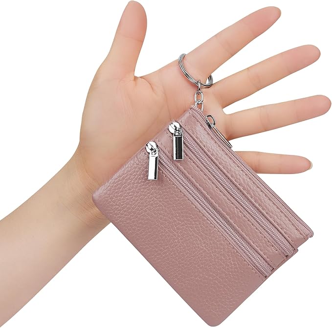 Women's Genuine Leather Coin Purse Mini Pouch Change Wallet with Keychain