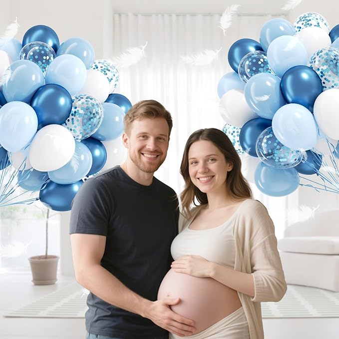 60pcs Blue and White Balloons 12inch with Pastel Pearl Light Blue Confetti White Balloons for Bridal Baby Shower Wedding Birthday Party Decorations