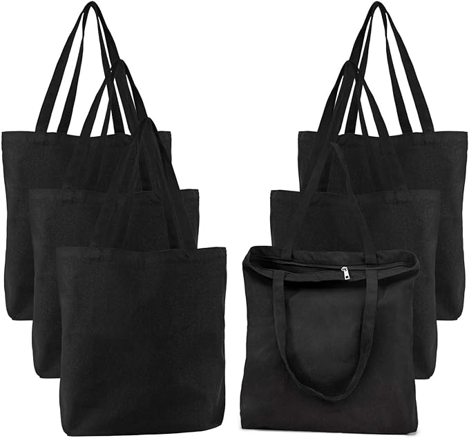 Segarty Black Canvas Tote, 6 Packs 16x15 inch Canvas Bags with Zipper, 12Oz Heavy Duty Reusable Grocery Shopping Plain Tote Bag Bulk for Women Crafts Painting Embroidery Gift