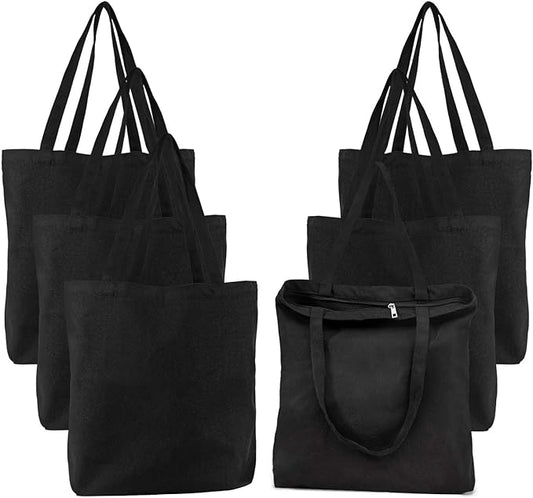 Segarty Black Canvas Tote, 6 Packs 16x15 inch Canvas Bags with Zipper, 12Oz Heavy Duty Reusable Grocery Shopping Plain Tote Bag Bulk for Women Crafts Painting Embroidery Gift