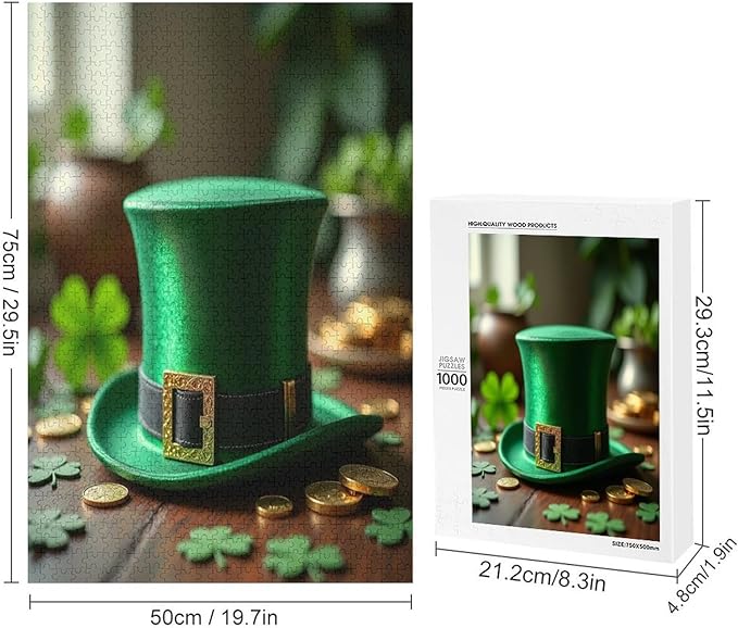 Saint Patrick's Day Green Shamrock Shamrock Hat Lucky Wooden Puzzle 1000 Pieces Jigsaw Puzzles for Adults Puzzle Educational Toys Challenging Fun Games Gifts for Elders Kids Family and Friends