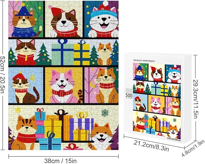 Wooden Puzzle 500 Pieces Adult - Christmas Dog Cat Puzzle Christmas Puzzles, Holiday Puzzles, Family Toys, Party Games, Jigsaw Puzzle Challenge and Funny