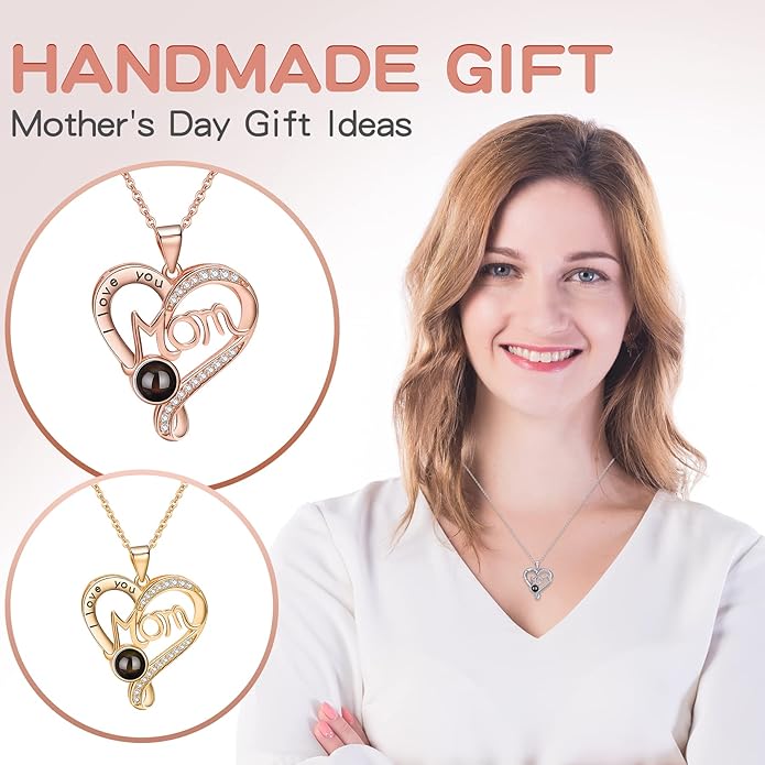 SUPHELPU Personalized Mother's Day Gifts for Mom From Daughter - Custom Photo Necklace With Picture Inside - Projection Necklace for Mom - Memorial Gift