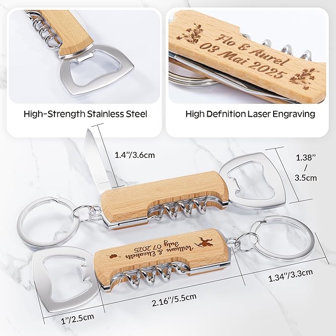 120PCS Personalized Wooden Multifunctional Bottle Opener, Customized Favors Gifts for Wedding Birthday Party, Engraved Bottle Opener Keychains for Guest