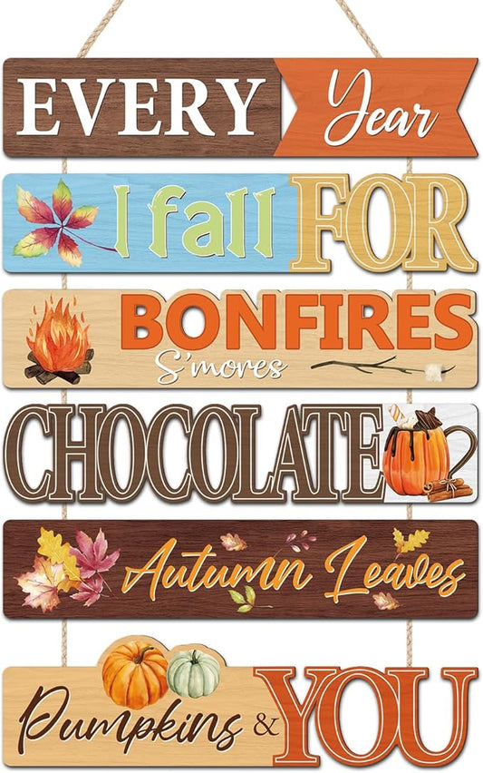 CHDITB Fall Themed Wooden Sign, Autumn Leaves Wooden Hanging Plaque, Pumpkin Bonfire Fall Front Door Hanger, Chocolate S'Mores Autumn Wall Sign Art Hanger for Halloween, Thanksgiving Party Wall Decor