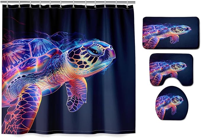 4 Pcs Turtle Shower Curtain Set - Turtle Shower Curtain Ocean Shower Curtains for Bathroom Kids Shower Curtain Ocean Themed Shower Curtain Set with Rug, Toilet Cover and Bath Mat with 12 Hooks