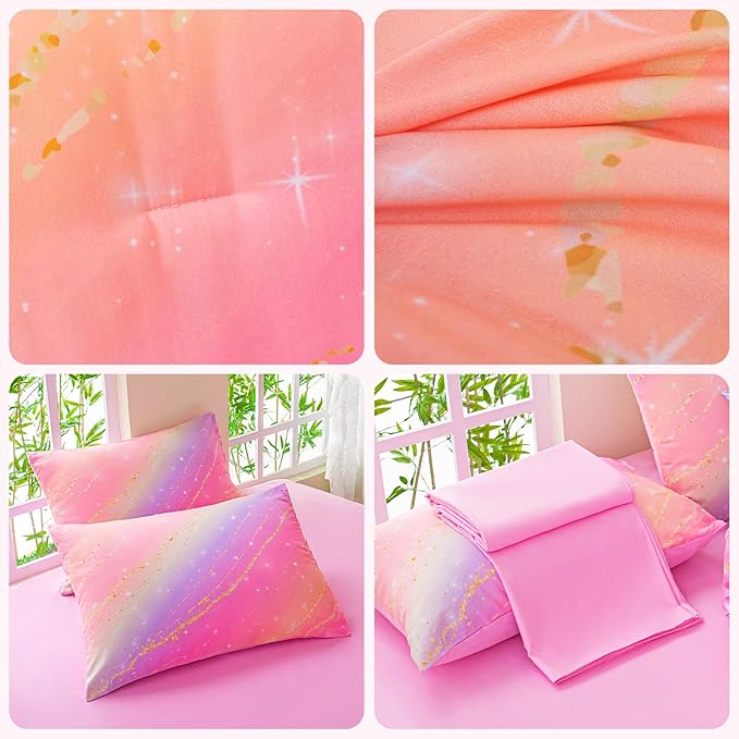 Rainbow Bedding Set Twin Size – 7 Piece Reversible Girls Comforter with Deep-Pocket Sheet, Gradient Galaxy Design, Whole-Piece Filling, Machine Washable Bed-in-a-Bag for Kids Room Makeover & Gifts