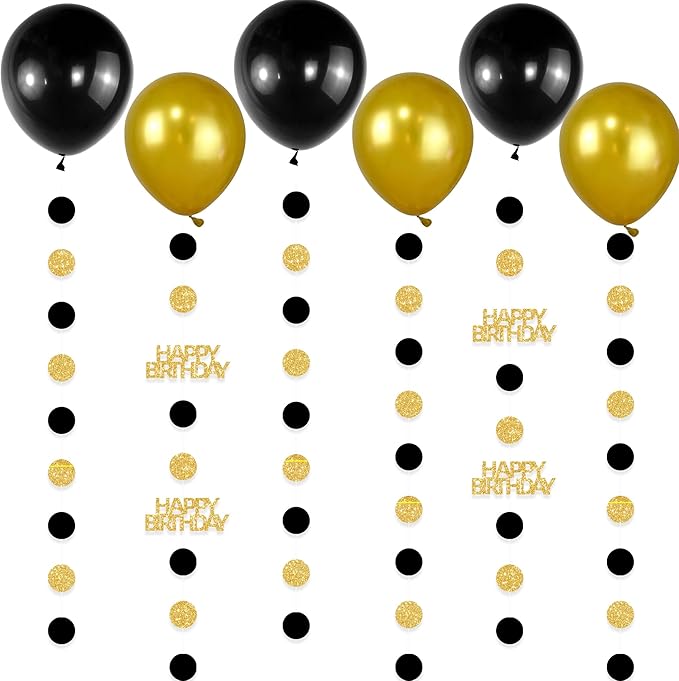 Gold and Black Happy Birthday Decorations, 6PCS Glittery Circle Dots Garland and 6PCS Gold/Black Balloons for Birthday Party Decor Balloon Tails
