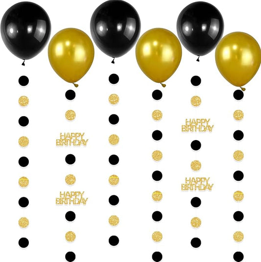 Gold and Black Happy Birthday Decorations, 6PCS Glittery Circle Dots Garland and 6PCS Gold/Black Balloons for Birthday Party Decor Balloon Tails
