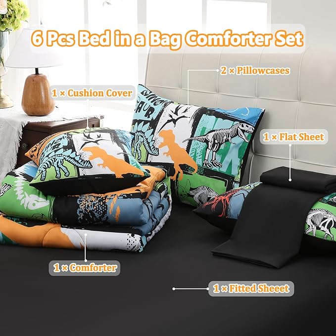 6 Pcs Bed in A Bag Twin Comforter Set for Boys, Dinosaur Bedding Sets with Sheets for Kids