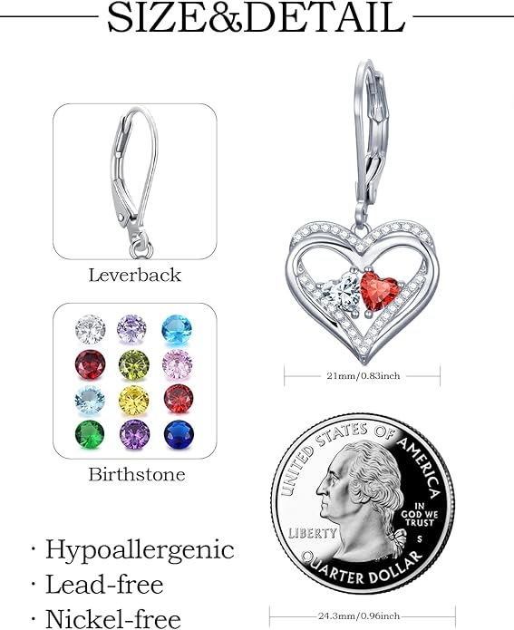 Heart Leverback Earrings Double Birthstone Dangle Earrings for Women, Love Jewelry for Her, Christmas Gifts for Women, Anniversary Birthday Gift for Mom Wife Girlfriend