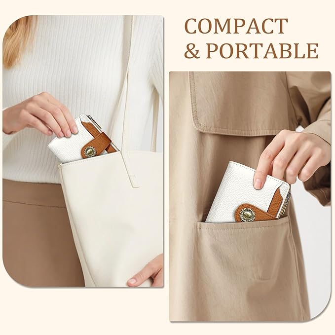 Beige Small Wallet Women RFID Blocking Bifold, Credit Card Holder, Zipper Coin Pocket, PU Leather, Compact, Travel, 4 ID Window, 14 Card Slots, Cash Purse, Ladies Woman Female Girls