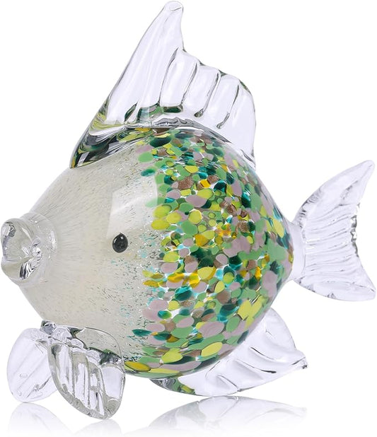 Green Blown Glass Fish Figurine – Handcrafted Art Animal Sculpture, Ocean Coastal Home Decor, Elegant Glass Fish Ornament for Tabletop or Bookshelf Display (D)