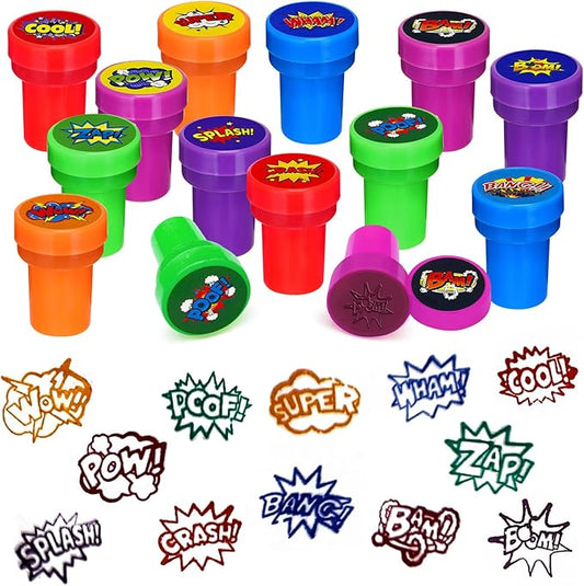 Cinrobiye 24 Pcs Hero Comic Stampers for Boys Girls, Superhero Birthday Party Supplies Favors, Classroom Rewards, Carnival Prizes, Goody Bag Pinata Fillers for Hero Theme Zap Boom Bash Party