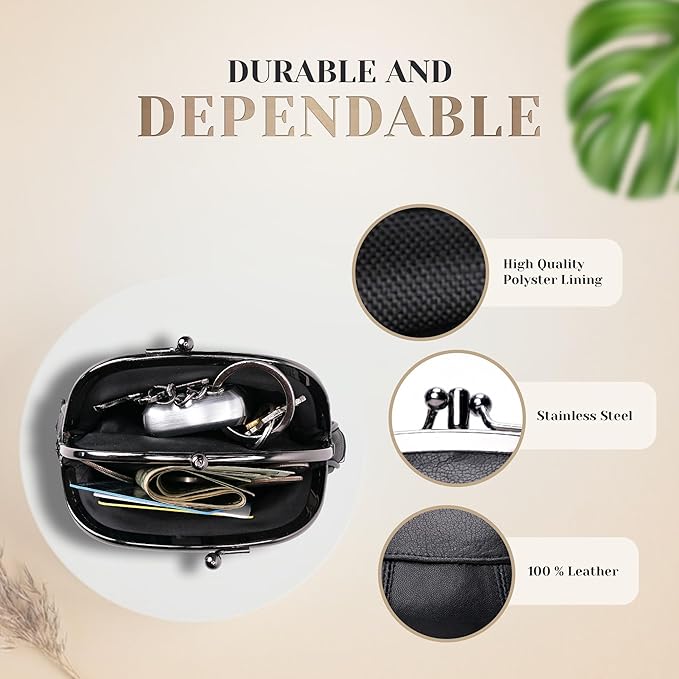 Leather Impressions Small Coin Purse for Women & Men - Genuine Leather Change Purse 5.24 x 4.41 x 1.61- Mini Twist Clap Black Coin Pouch for Credit Card & Keys, Best Gift for Men,Women & Kids