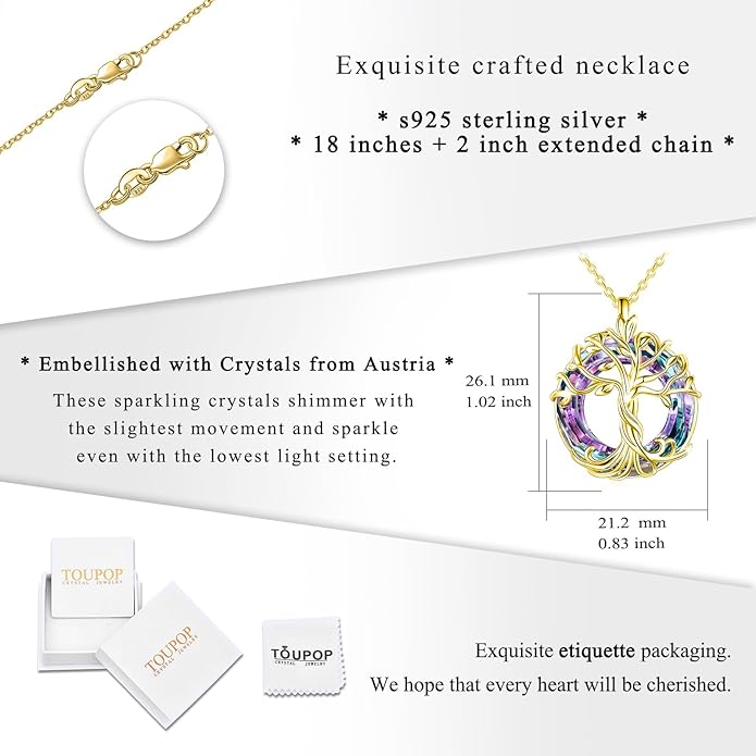 TOUPOP Tree of Life Necklace 925 Sterling Silver Family Tree Pendant Austrian Crystal Jewelry Valentines Day Birthday Gifts for Women Mom Wife Her