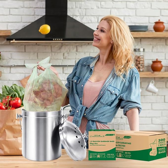 BEIDOU-PAC 1-2 Gallon Flap Tie Compostable Trash Bags, 120 Count Small Compost Bags, Biodegradable Kitchen Garbage Bags, Food Scrap Waste Bags for Countertop Bin, ASTM D6400, US BPI Certified