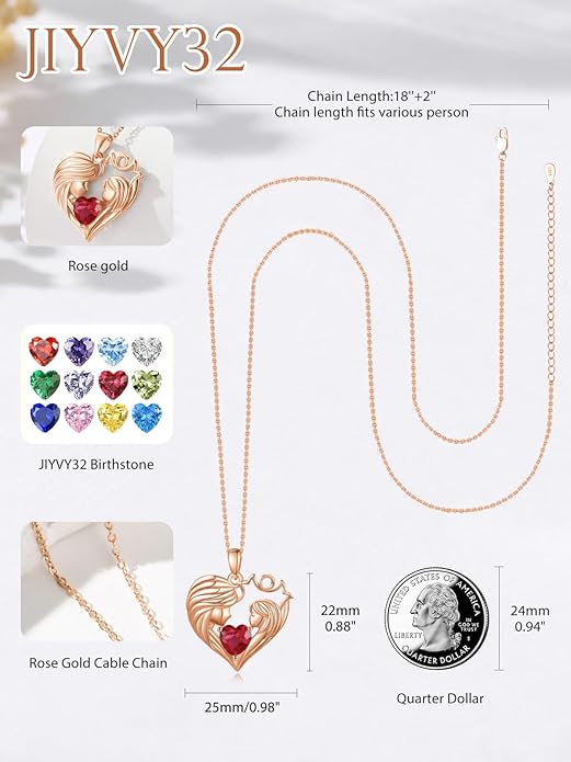 Mother and Daughter/Son Love Heart Necklace White Gold/14K Gold/Rose Gold Birthstone Jewelry Christmas Mothers Day Birthday Gifts For Mom Wife Grandma Women