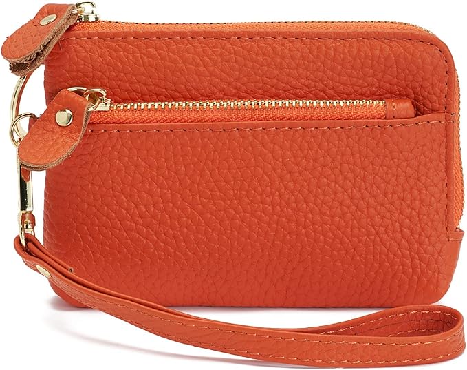 Genuine Leather Coin Purse for Women with Large Opening & Wrist Strap Navy (Orange)