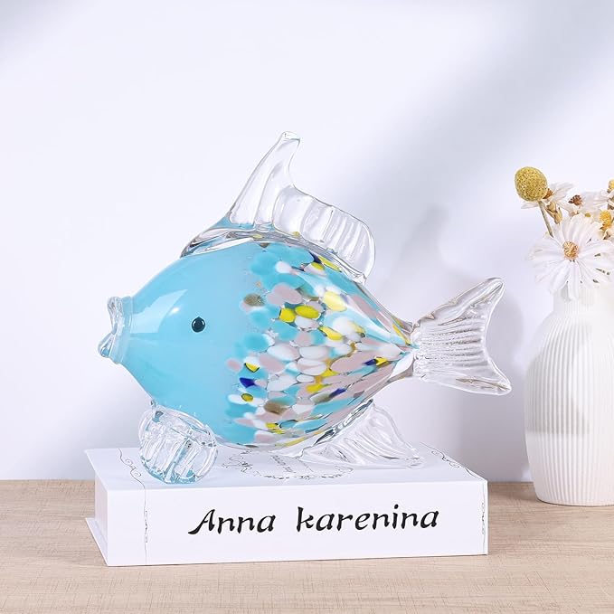 LCCCK Large Hand Blown Glass Fish Figurines, Aquarium Sea Glass Art, Fish Statue Sculpture Modern Coastal Accent - for Beach Knick Knacks, Coffee Tables, Nautical Offices Centerpiece (Colorful Blue)