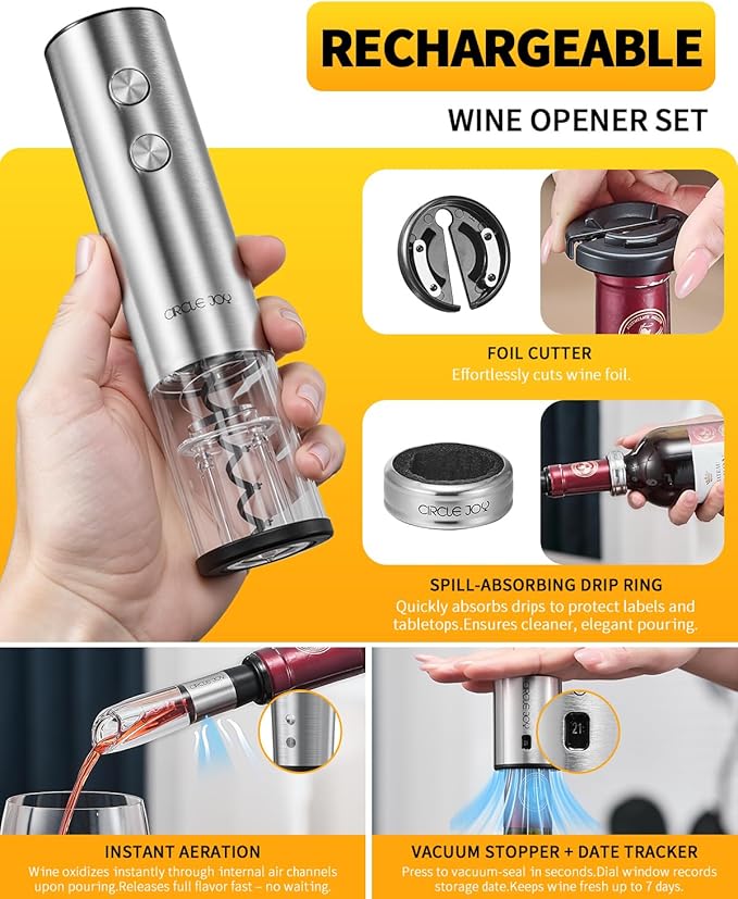 CIRCLE JOY Electric Wine Opener Rechargeable 5-in-1 Wine Gift Set with Foil Cutter, Wine Aerator Pourer, Wine Drip Ring & Vacuum Stopper, White Elephant Gifts for Adults
