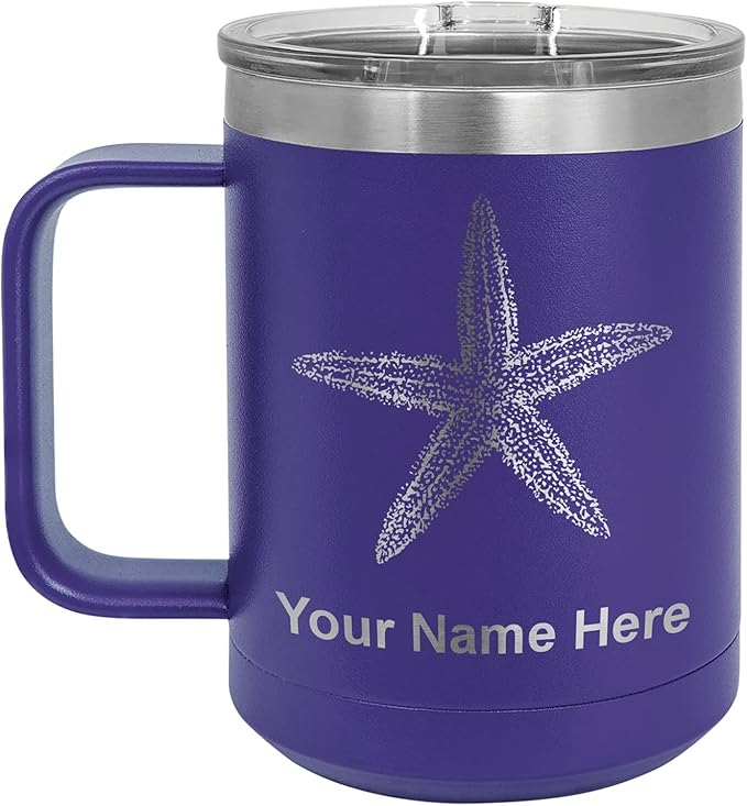 LaserGram 15oz Vacuum Insulated Coffee Mug, Starfish, Personalized Engraving Included (Dark Purple)