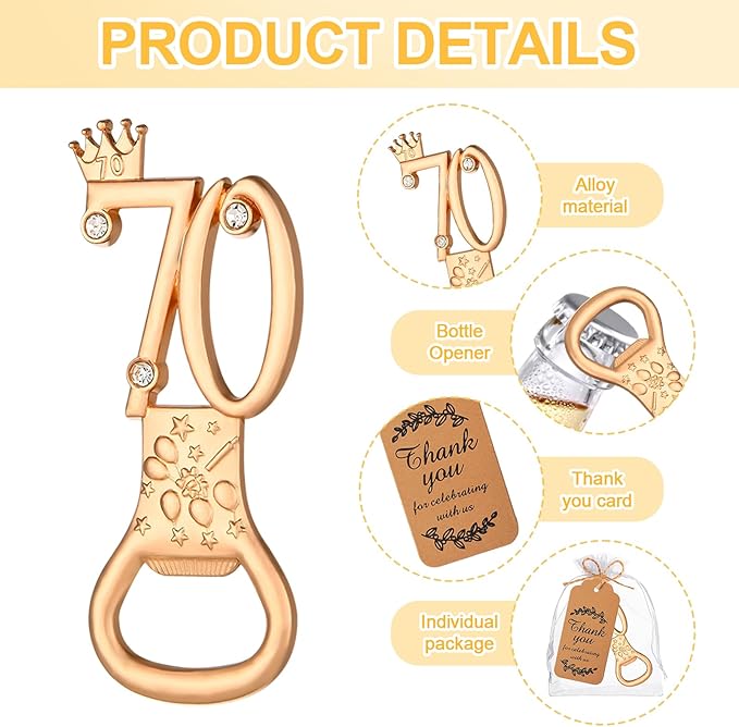 50Pcs 70th Birthday Bottle Opener Set, 70th Golden Bottle Openers Birthday Personalized Party Favors 70th Wedding Anniversaries Souvenirs Favors for Guests Gifts Decorations（70th）