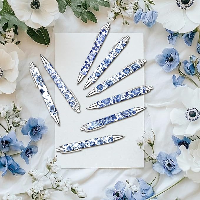 Blue and White Porcelain Pens Set – Elegant Ceramic-Inspired Writing Pens with Smooth Black Ink – Classic Gift for Students, Teachers, Office Use, Party Favors, Holidays, and Everyday Writing, 8 Pack