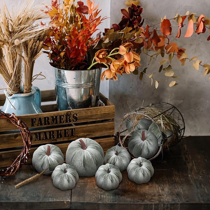 Woration 8pcs Fall Pumpkin Home Lake Green Décor Rustic Artificial Fake Velvet Fabric Pumpkins Harvest Thanksgiving Kitchen Farmhouse Wedding Festival Decorations