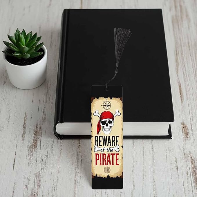 Beware Pirates Bookmarks 5 Pcs Halloween Compass Big Bone Skull Wooden Bookmark with Tassels for Reading Book Lovers Gift Office School Readers Teacher