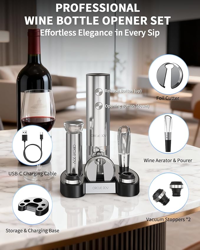 CIRCLE JOY Electric Wine Bottle Opener Set Stainless Steel Rechargeable Wine Opener 8-in-1 Wine Gift Set with Charging base, Foil Cutter, Wine Aerator Pourer, Vacuum Pump & 2 Wine Stoppers