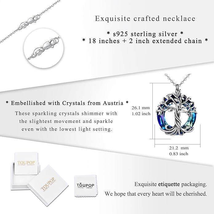 TOUPOP Tree of Life Necklace 925 Sterling Silver Family Tree Pendant Austrian Crystal Jewelry Valentines Day Birthday Gifts for Women Mom Wife Her