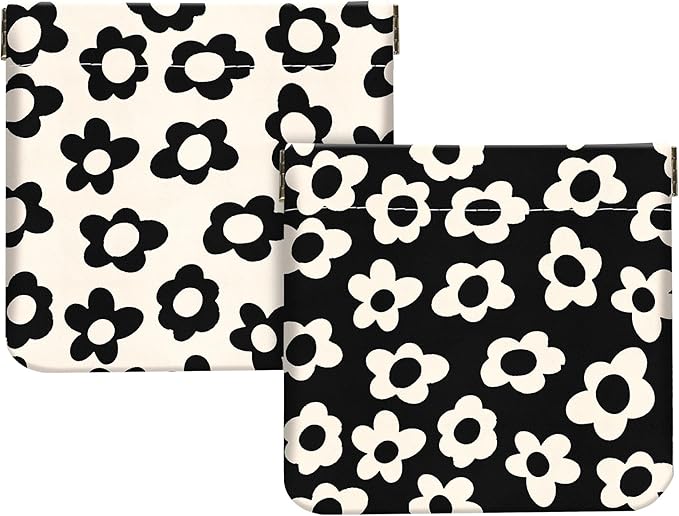 2Pcs PU Leather Small Squeeze Coin Purse Pouch Mini coin Bag Unique And Cute Wallet Cosmetic Bags Change Bag For Women Girls Men Black And Beige daisy