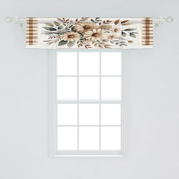 Ambesonne Sunflower Window Valance Pack of 2, Plaid Ornate Autumn Tones Daisy Huddle with Leaves Cottagecore Vibe, Rod Pocket Curtain Valances Kitchen Bedroom, 54" X 12",Tan Taupe and Dark Pink