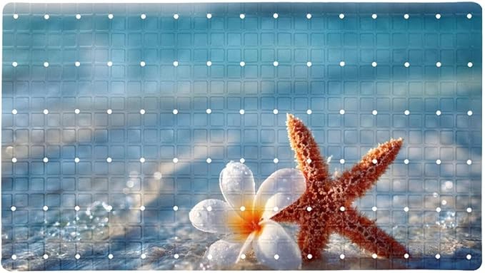 Non Slip Bath Mat for Tub, 15.1 x 26.8 Inch Bathtub Mat Machine Washable Shower Mat with Drain Holes and Suction Cups, Starfish and Flower on The Beach in Sea Water