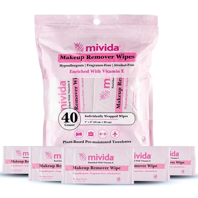 mivida 40 Count Hypoallergenic Makeup Remover Wipes Individually Wrapped With Vitamin E, Alcohol Free, Fragrance Free Make up Remover Wipes For Face, Gentle for Sensitive Skin, Plant-Based