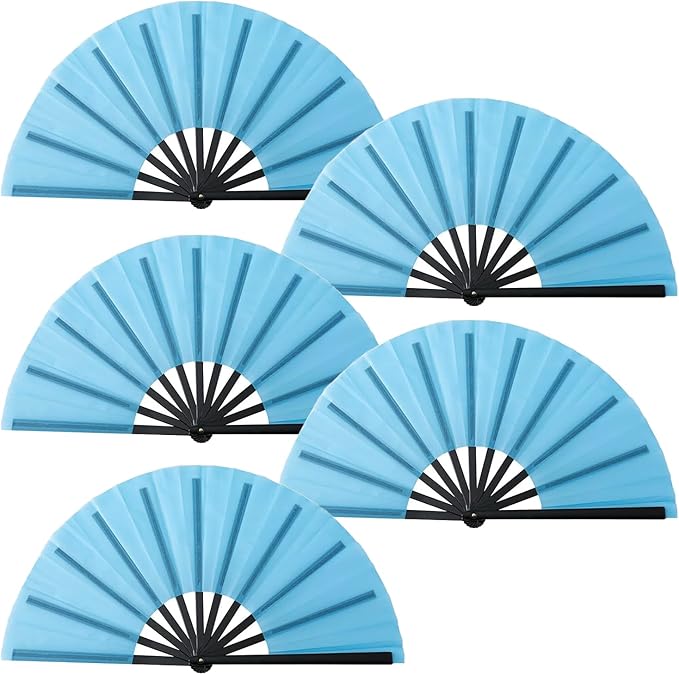 Huralona 5 Pack Large Folding Hand Clap Fan Fabric Rave Popping Fans Chinese Kung Fu Tai Chi Hand Fan Festival Dance Gift Performance Decorations (Sky Blue)