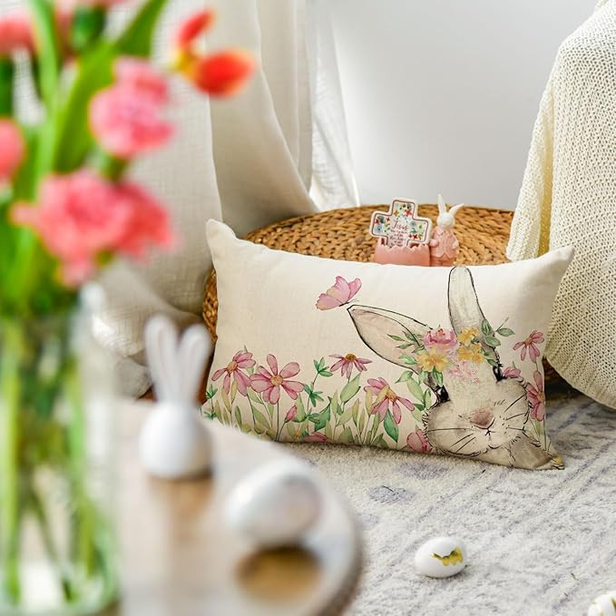 AVOIN colorlife Easter Floral Garland Bunny Throw Pillow Cover, 12 x 20 Inch Spring Rabbit Holiday Cushion Case Decoration for Sofa Couch Set of 2