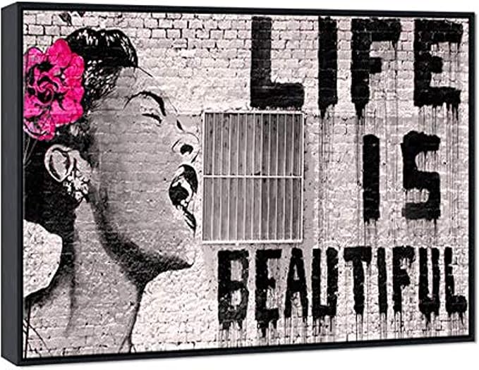 Wieco Art Framed Art Canvas Prints of Banksy Life is Beautiful Abstract Artwork for Wall Decor Black Frame