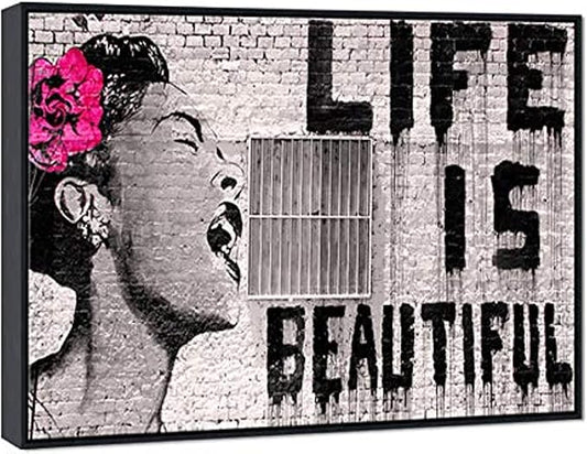 Wieco Art Framed Art Canvas Prints of Banksy Life is Beautiful Abstract Artwork for Wall Decor Black Frame