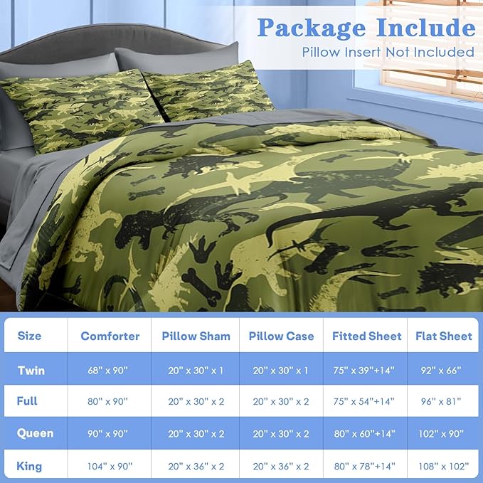 Comforter Set Full Size, Camouflage Dino Dinosaur 7 Pcs Bedding for Kids and Adults, Cute Funny Green Bed Sheet Sets with Fitted Sheet 2 Pillowcases & 2 Shams for Bedroom Bed Decor